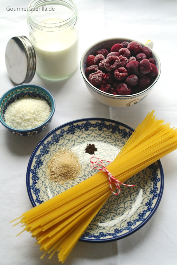 Sweet spaghetti raspberry with coconut parmesan #recipe #gourmet guerrilla